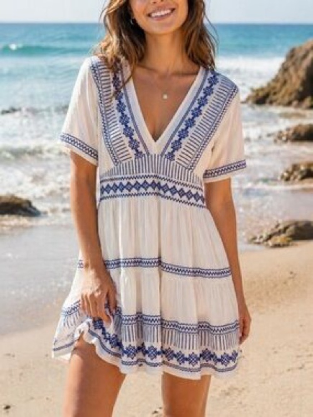 Lulus Women's Gone to Greece White Embroidered V-Neck Mini Dress Size Large